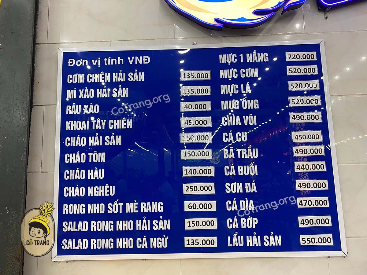 Menu thực đơn tại Hải Sản Bé Mặn Đà Nẵng