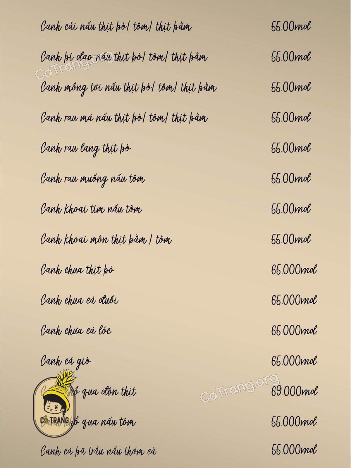 Menu thực đơn tại Bếp Của Ngoại Đà Nẵng