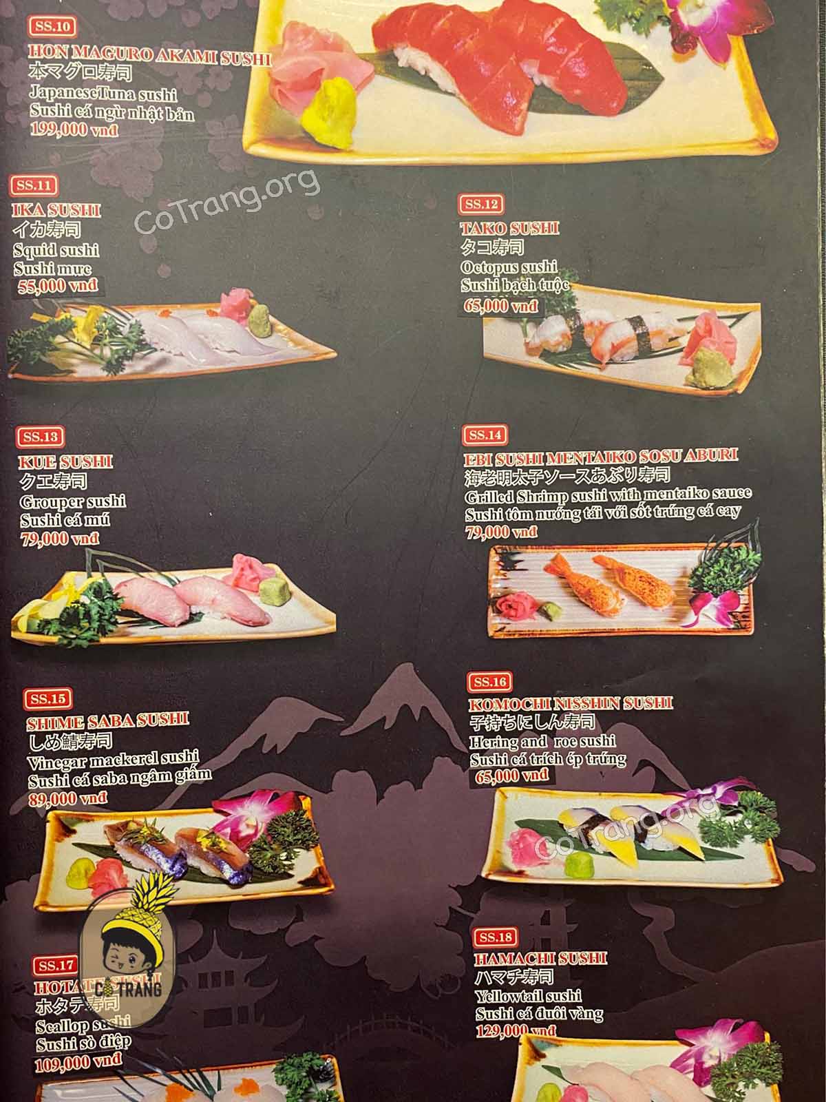Menu thực đơn tại Kyoto Sushi Đà Nẵng