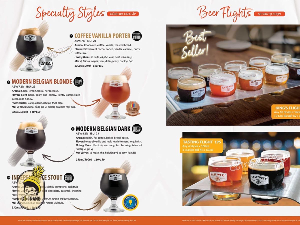 Menu thực đơn tại Nhà Hàng East Brewing Đà Nẵng