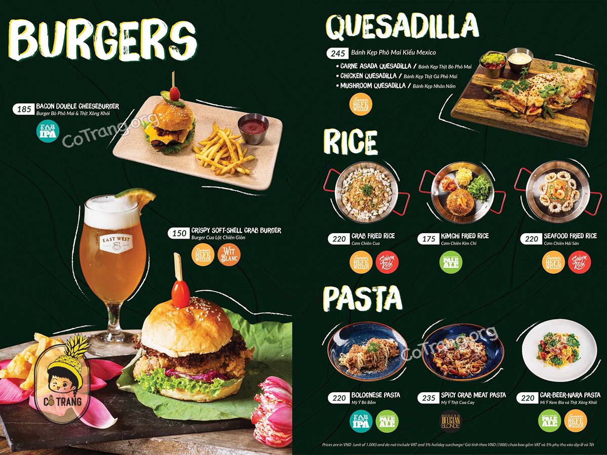 Menu thực đơn tại Nhà Hàng East Brewing Đà Nẵng
