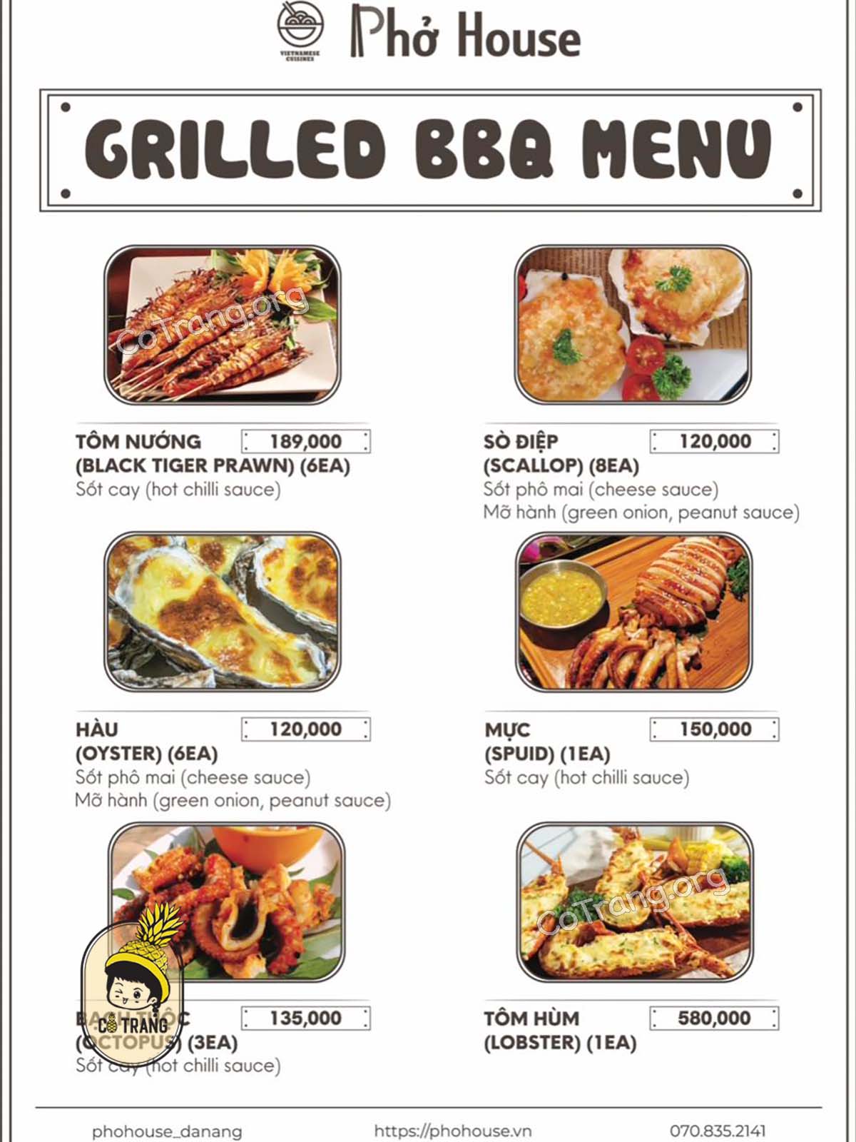 Menu thực đơn tại Nhà Hàng Phở House Đà Nẵng