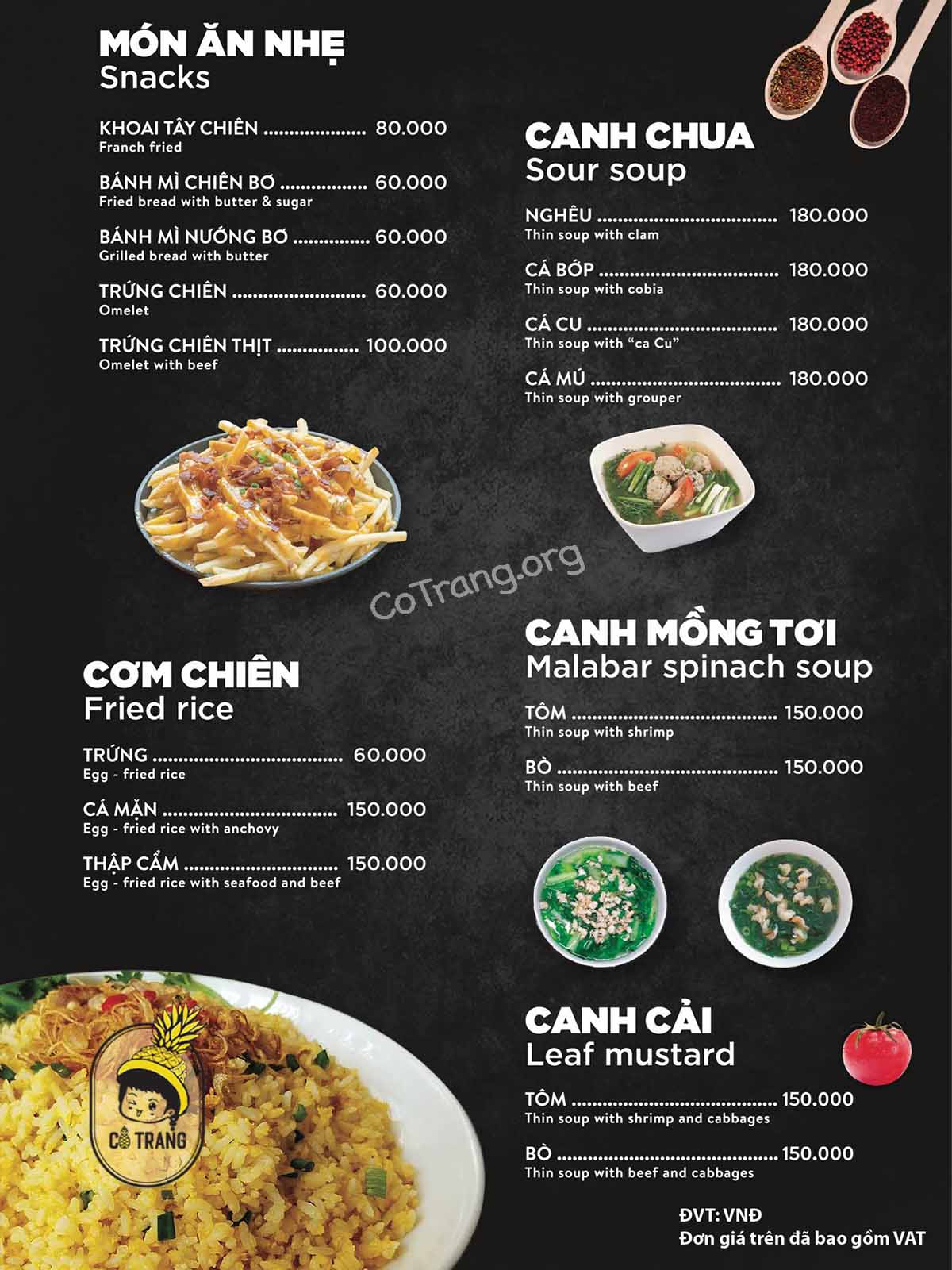 Menu thực đơn tại Quán