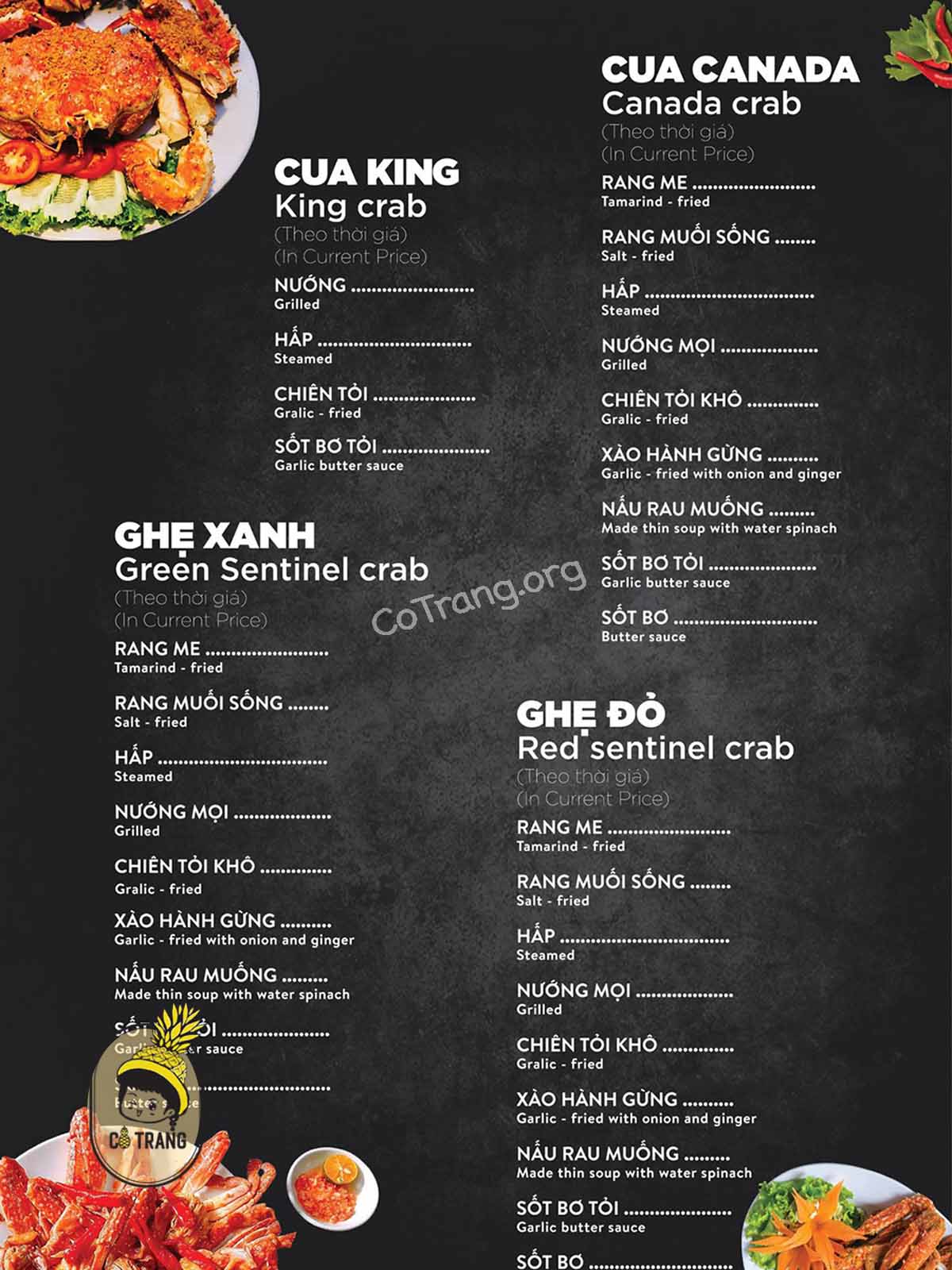 Menu thực đơn tại Quán