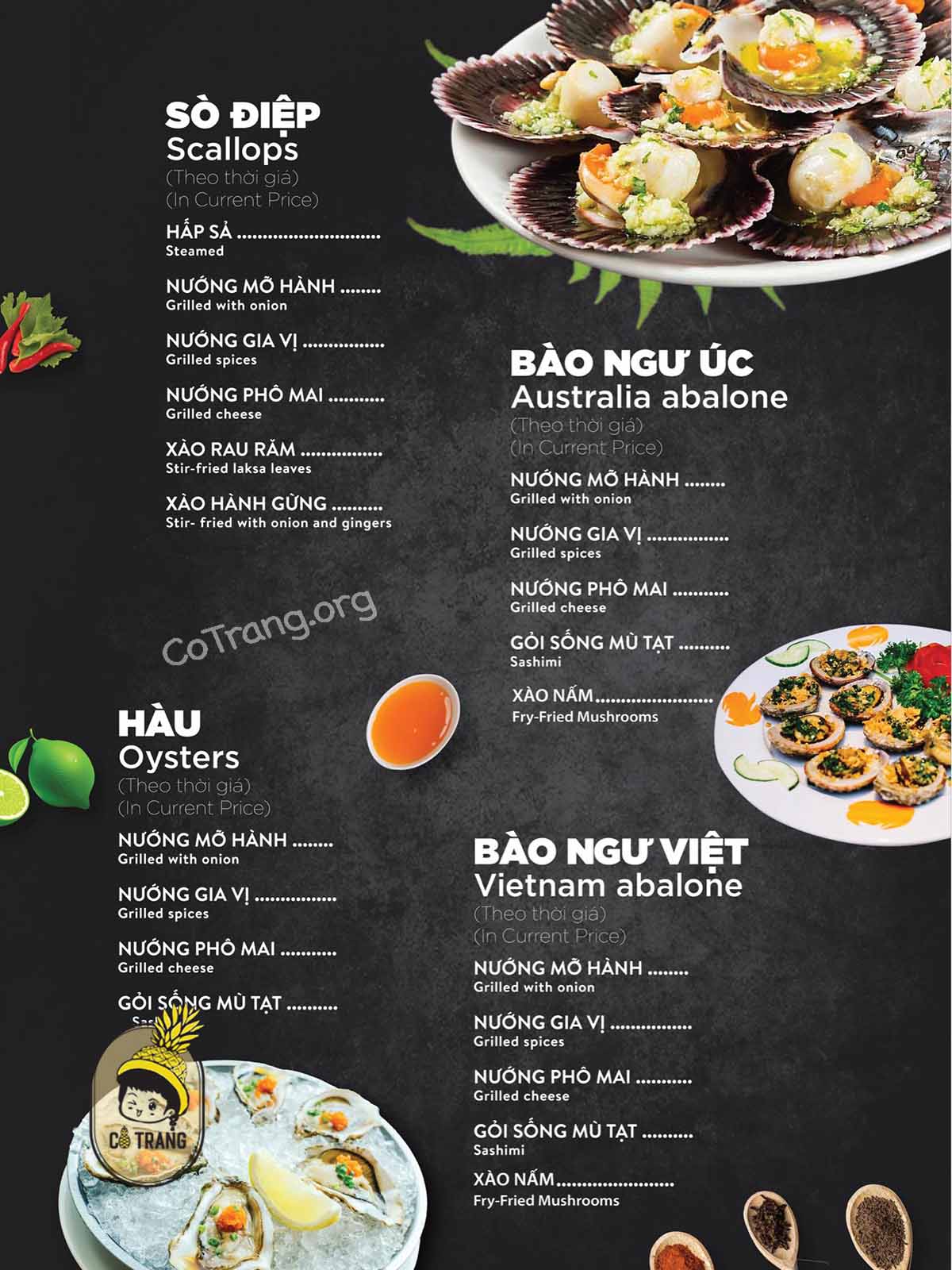 Menu thực đơn tại Quán
