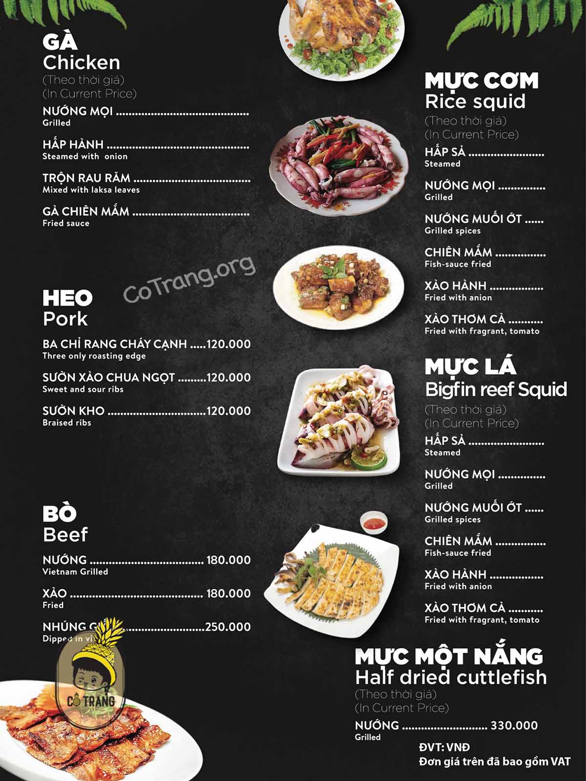 Menu thực đơn tại Quán