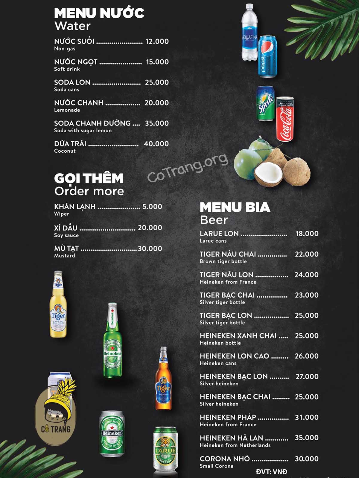 Menu thực đơn tại Quán