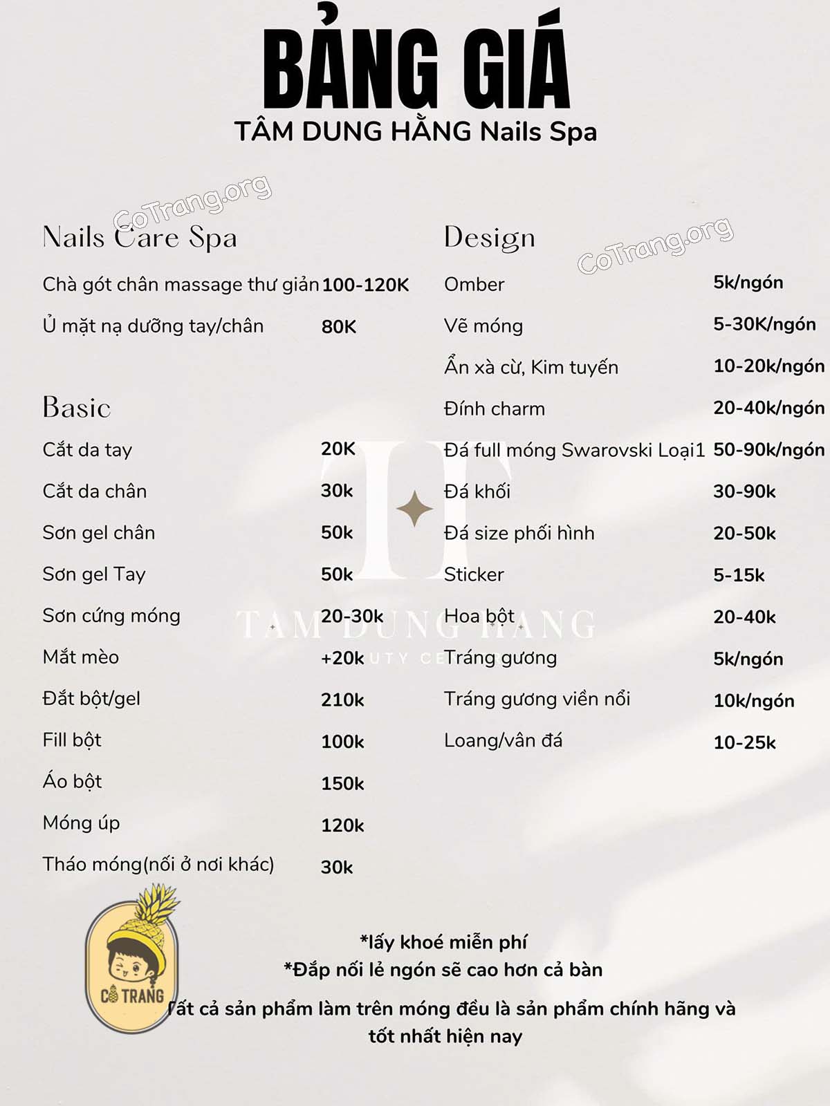 Bang Giá Và Các Dịch Vụ Tại Tâm Dung Hằng Nails Spa, Đồng Hới