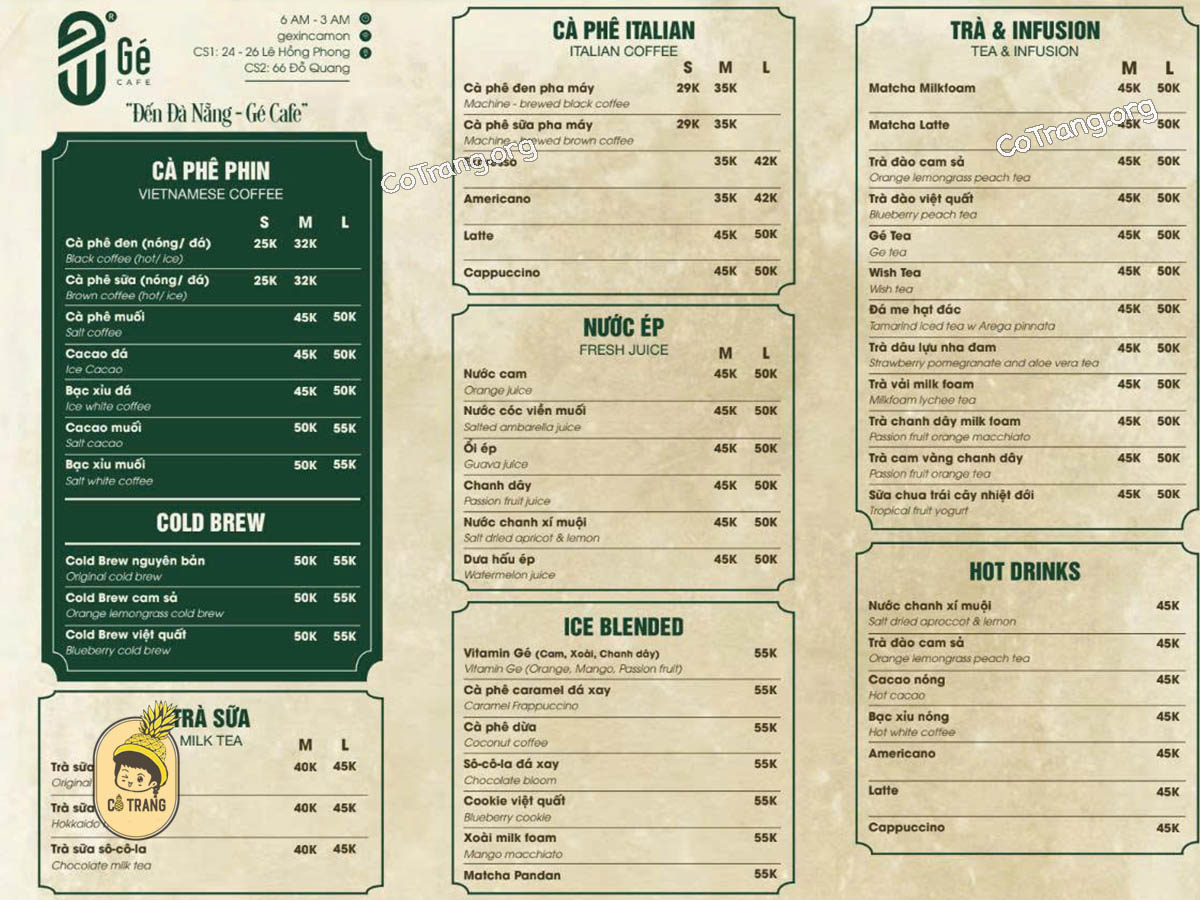 Menu Và Các Thức Uống Tại Gé Coffee Đà Nẵng