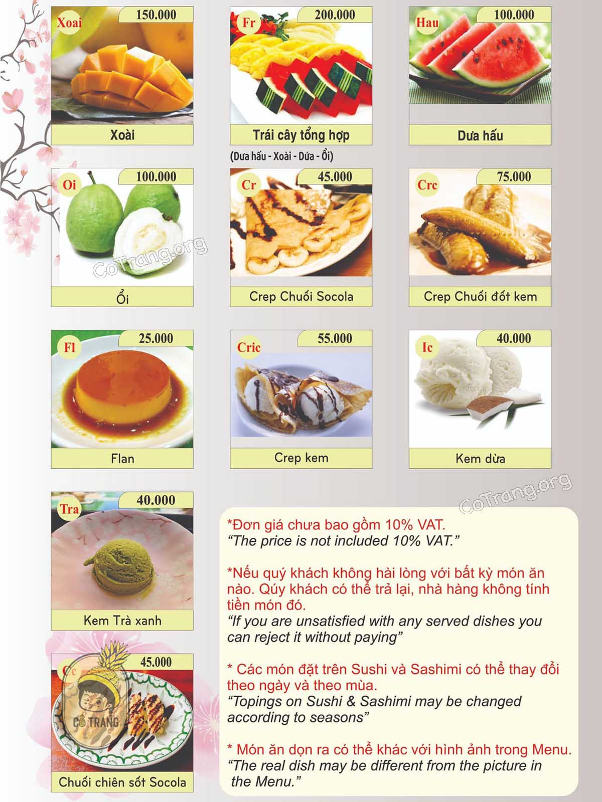 Menu tại Take Japanese Restaurant Huế