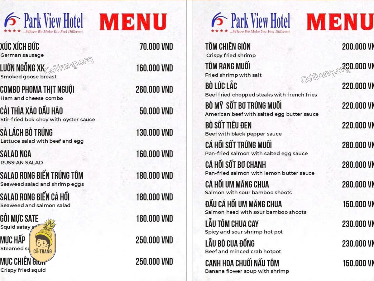 Menu Và Các Món Ăn Tại Park View Hotel, Huế