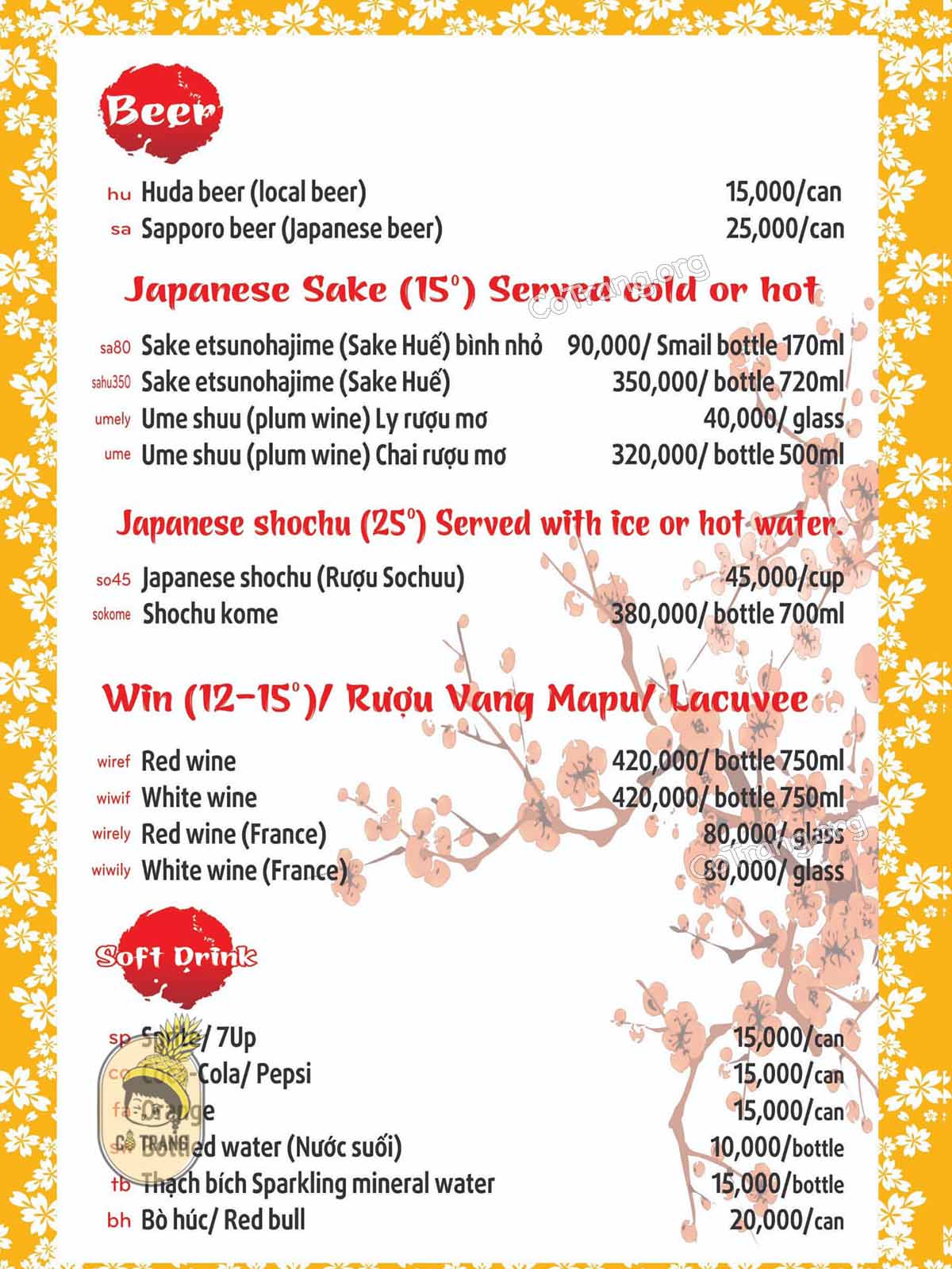 Menu tại Take Japanese Restaurant Huế