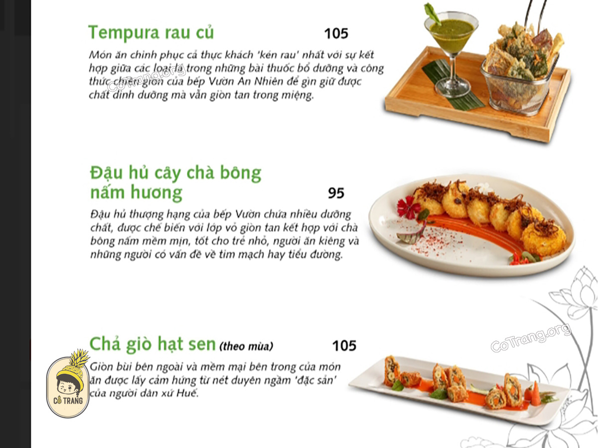 Menu các món ăn tại An Nhiên Garden Vegetarian Huế