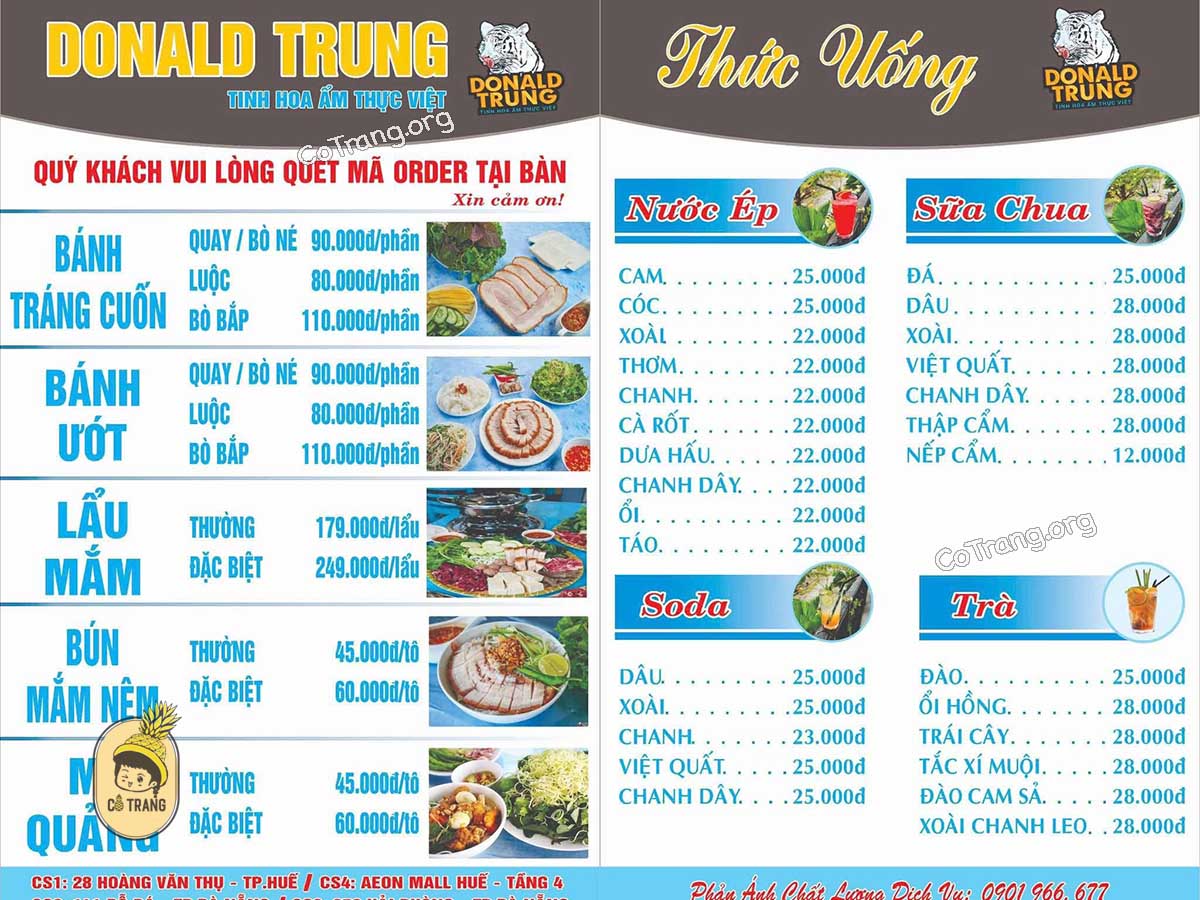 Menu Và Các Món Ăn Tại Donald Trung, Huế