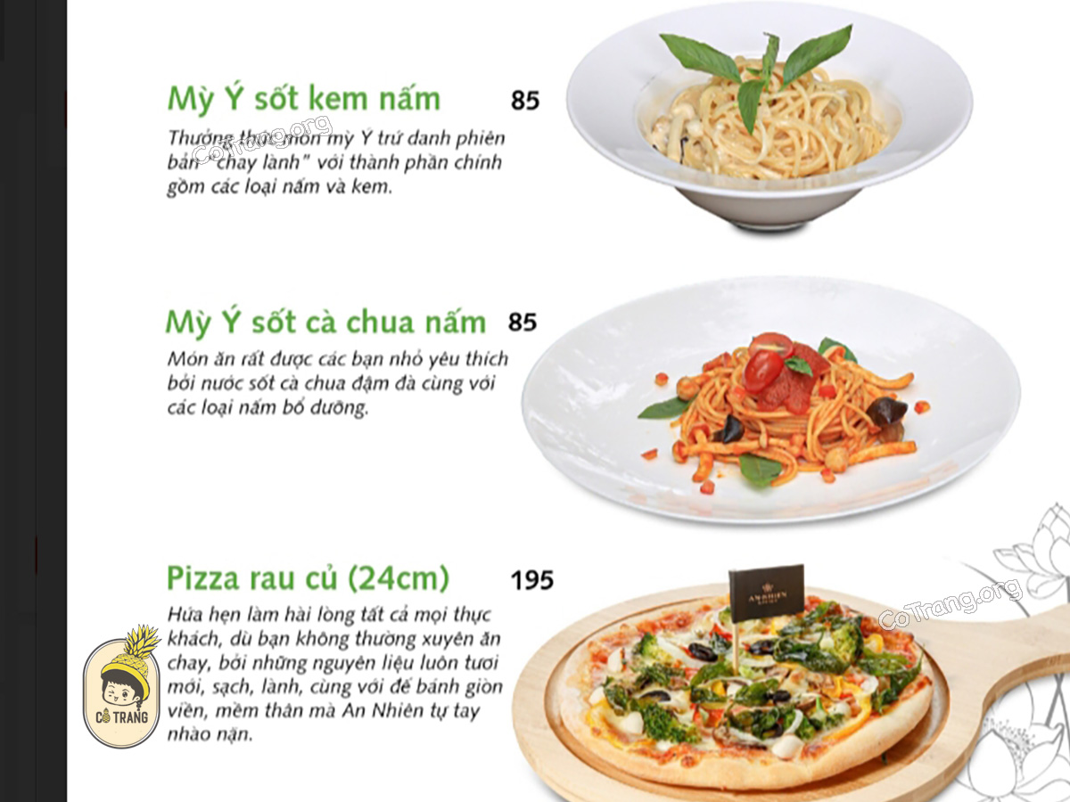 Menu các món ăn tại An Nhiên Garden Vegetarian Huế