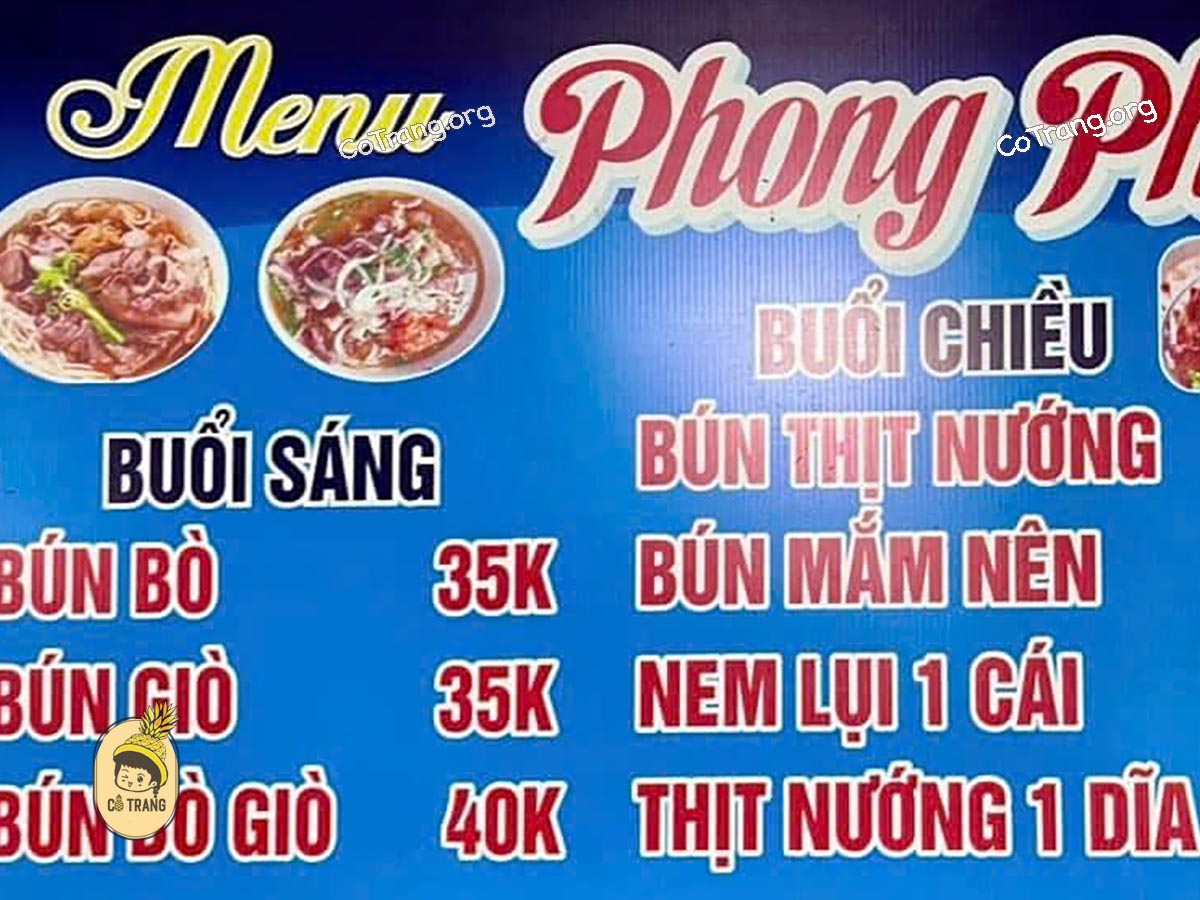Menu Và Các Món Ăn Tại Quán Bún Phong Phú, Đồng Hới