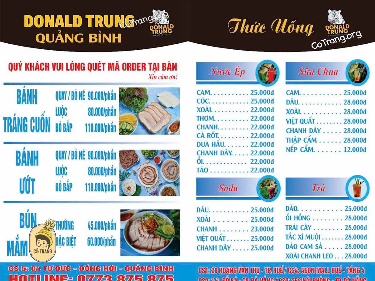 Menu Và Các Món Ăn Tại Donald Trung Quảng Bình