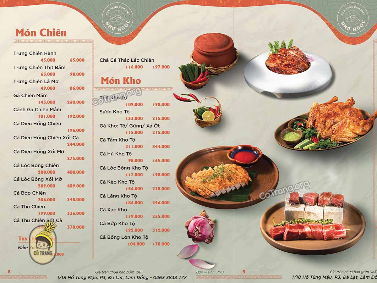 Menu tại Cơm Niêu Như Ngọc Đà Lạt