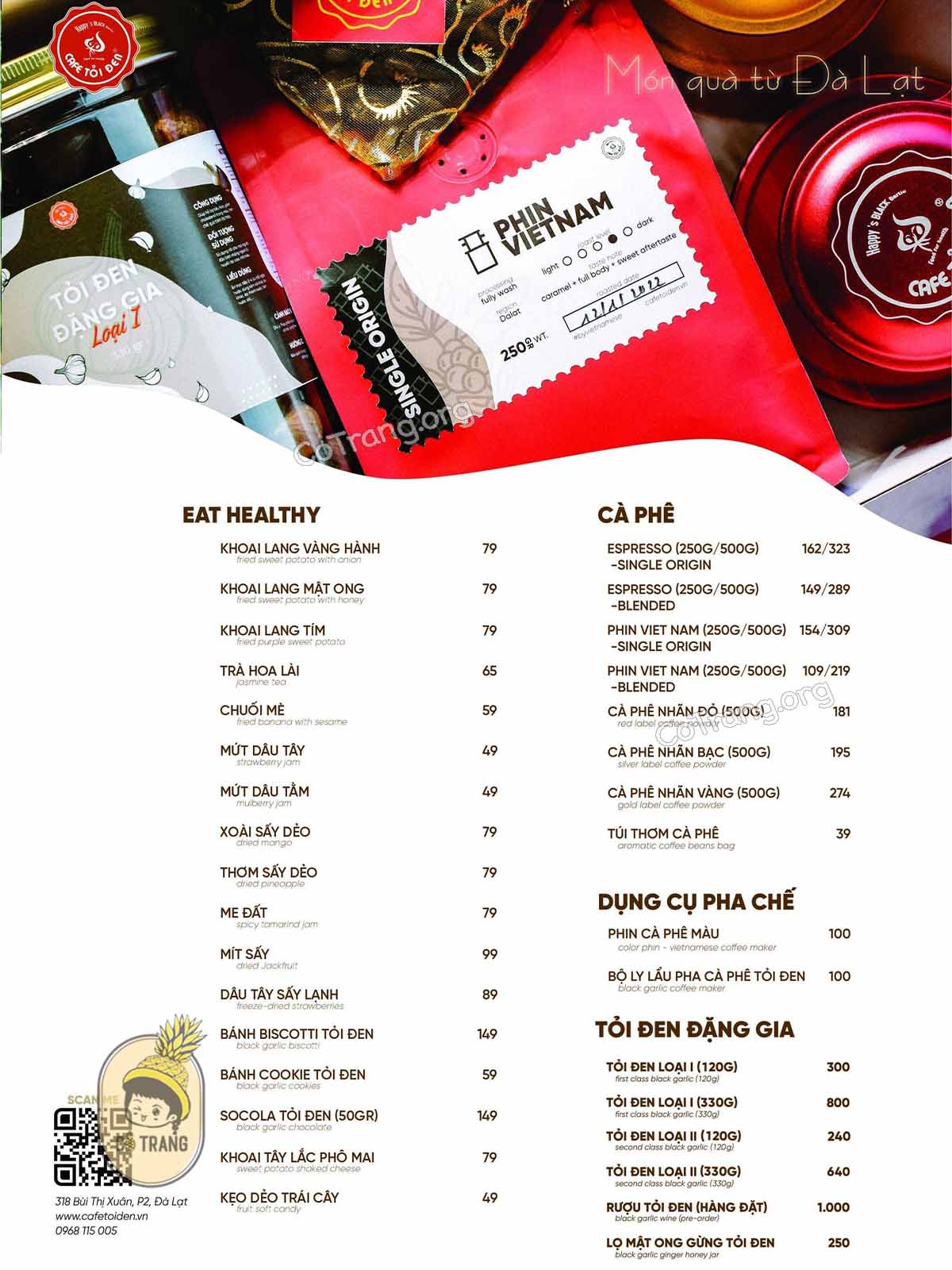 Menu tại Tỏi Đen Coffee Roastery Đà Lạt