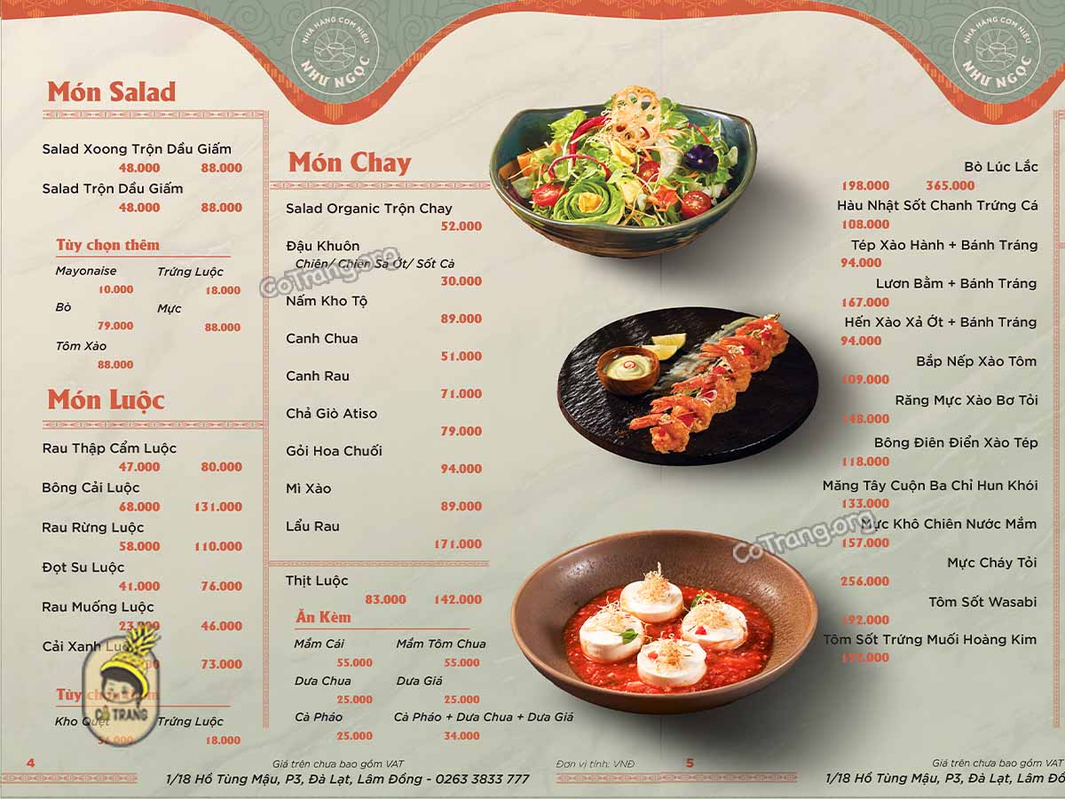 Menu tại Cơm Niêu Như Ngọc Đà Lạt