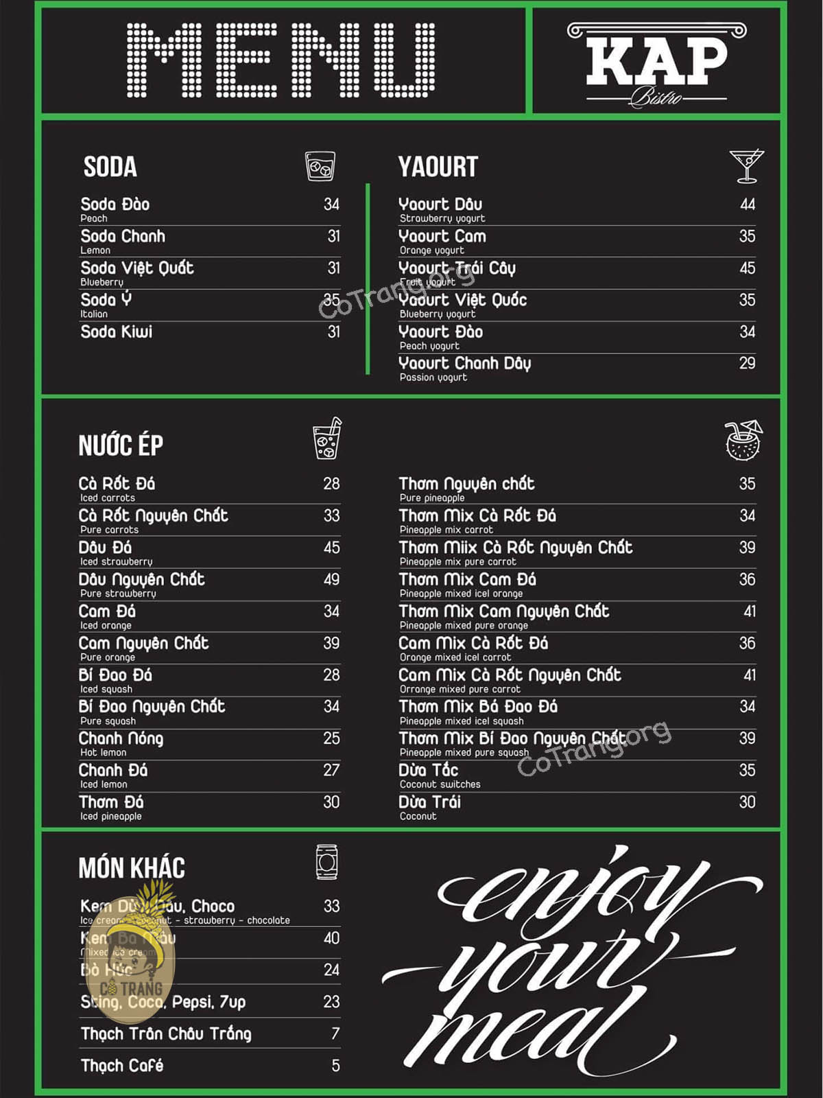 Menu thực đơn và đồ uống thực tế tại KAP Bistro Gia Lai