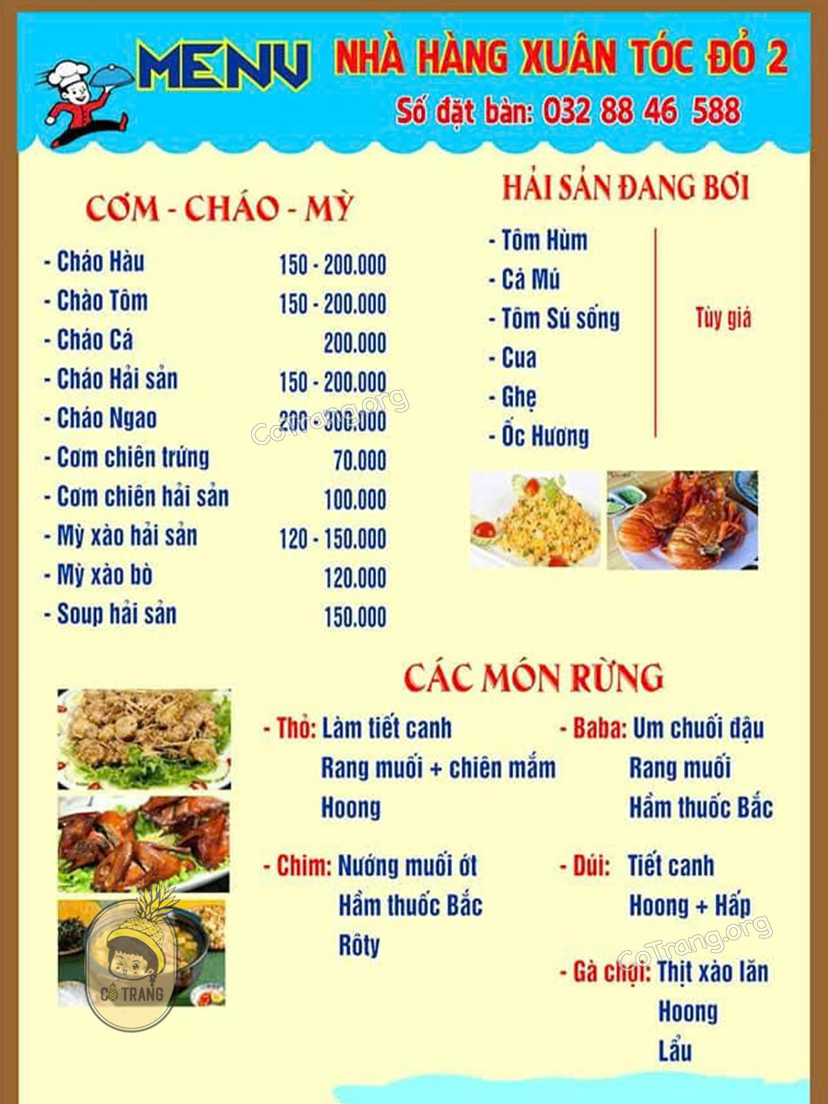 Menu thực đơn và món ăn thực tế tại Nhà hàng Xuân Tóc Đỏ 2 - Đồng Hới