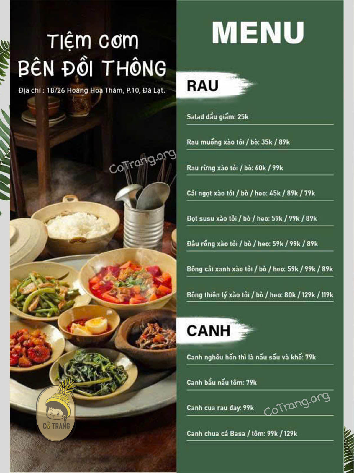 Menu thực đơn và món ăn thực tế tại Dưới Tán Thông Đà Lạt 