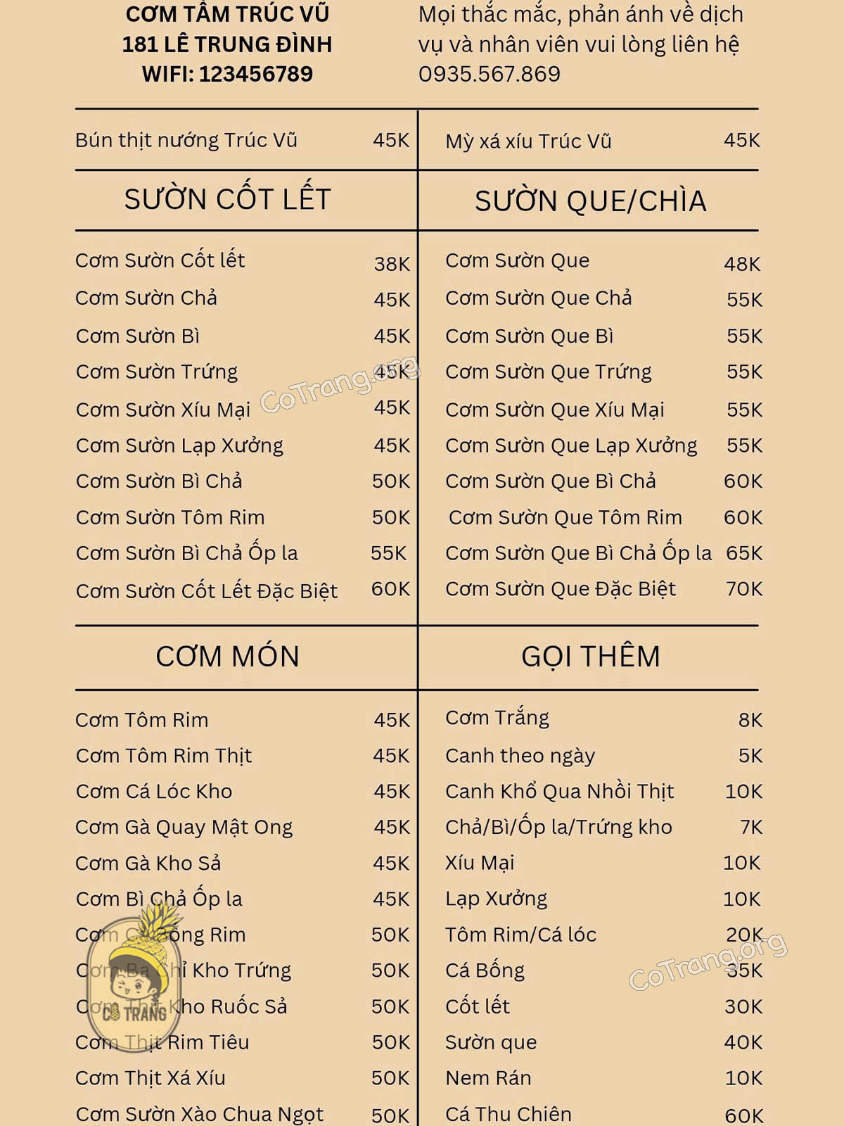 Menu và món ăn thực tế tại Cơm tấm Trúc Vũ Quảng Ngãi