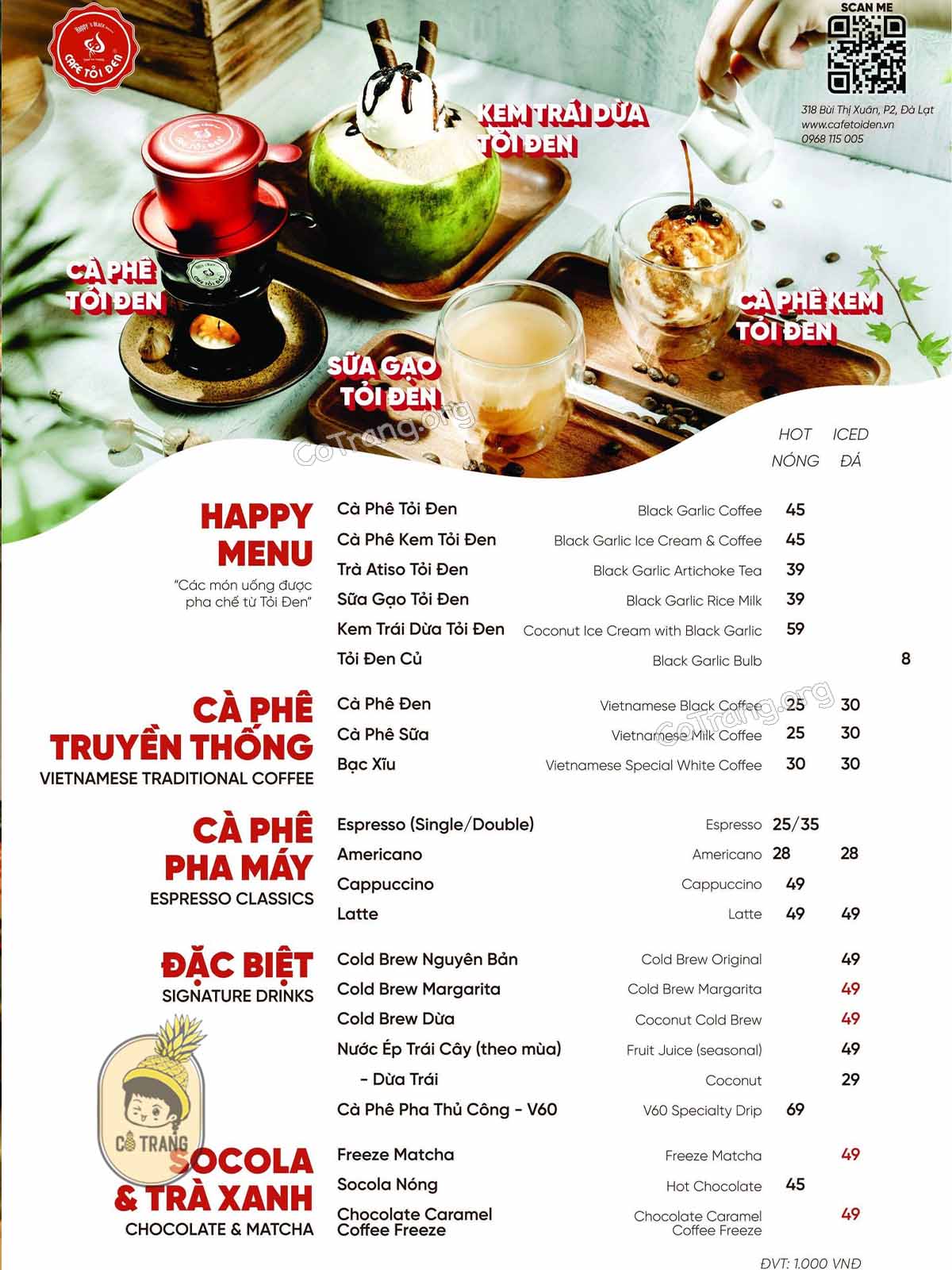 Menu tại Tỏi Đen Coffee Roastery Đà Lạt