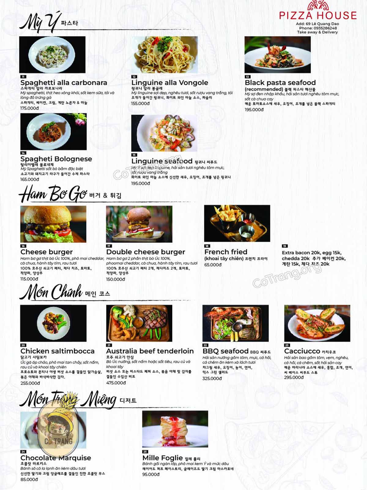Menu tại Pizza House Đà Nẵng