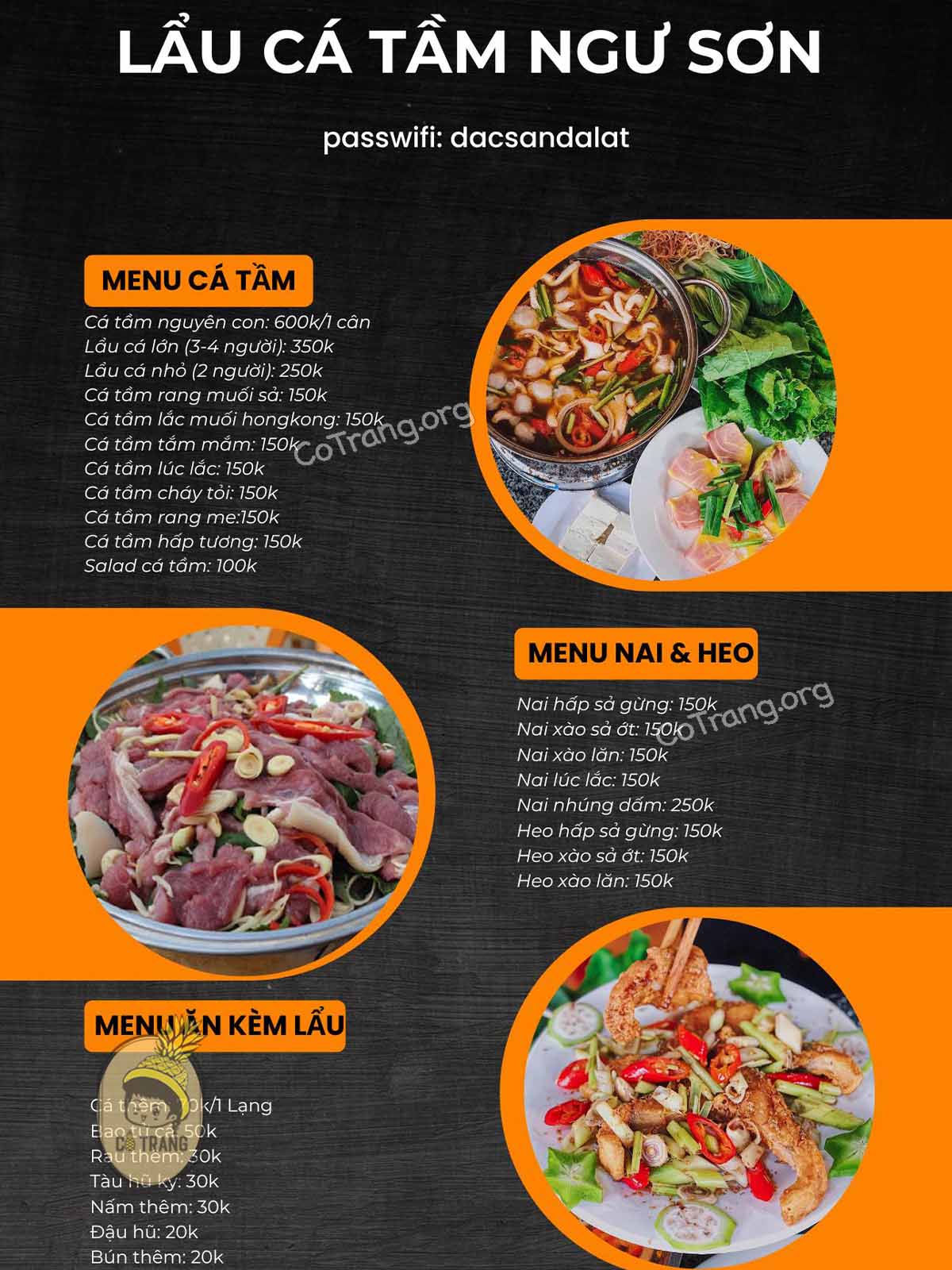 Menu tại Lẩu cá Tầm Ngư Sơn Đà Lạt 