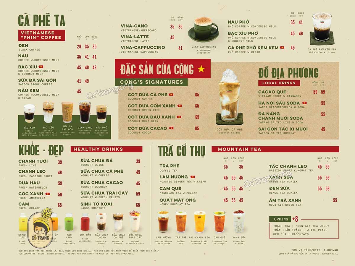 Menu thực đơn và đồ uống thực tế tại Cộng Cà Phê Hội An