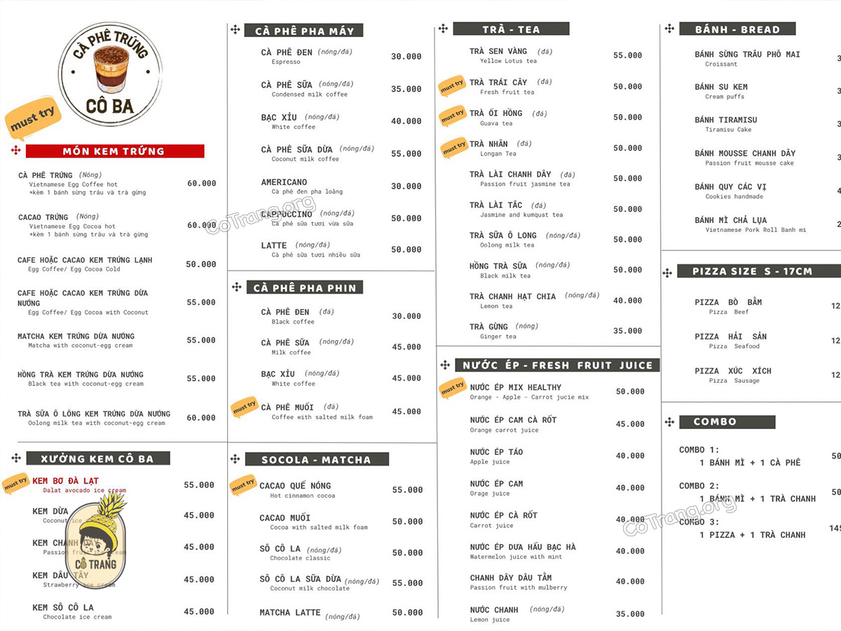 Menu thực đơn và đồ uống thực tế tại Tiệm Cà Phê Trứng Cô Ba Đà Lạt