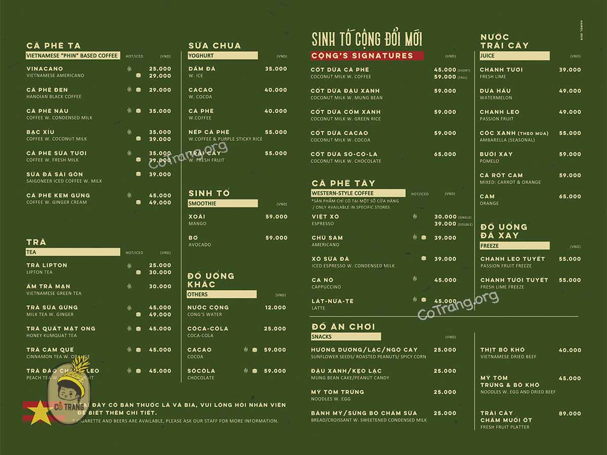 Menu thực đơn và đồ uống thực tế tại Cộng Cà Phê Hội An