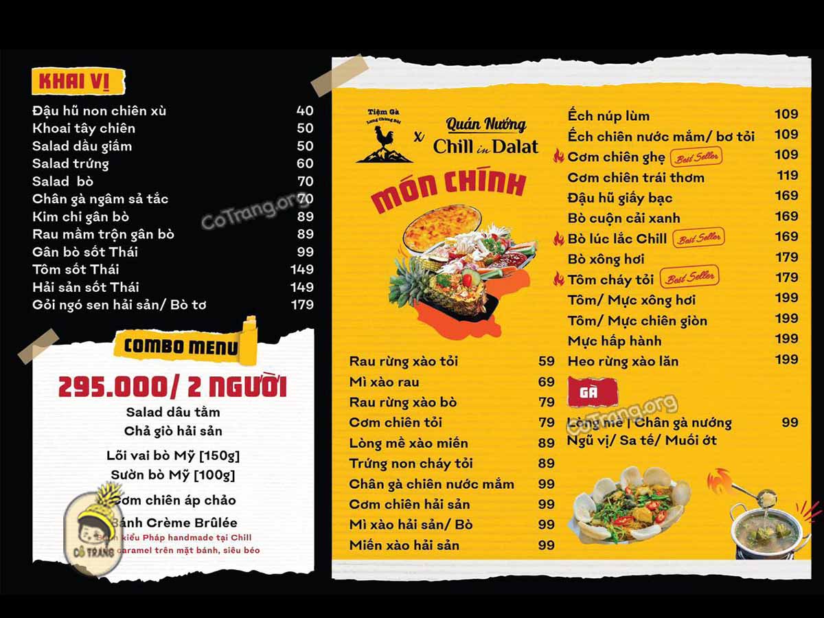 Menu tại Tiệm Gà Lưng Chừng Đồi Đà Lạt