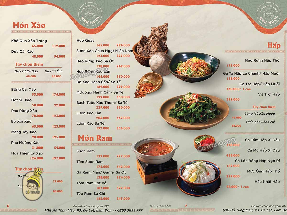 Menu tại Cơm Niêu Như Ngọc Đà Lạt