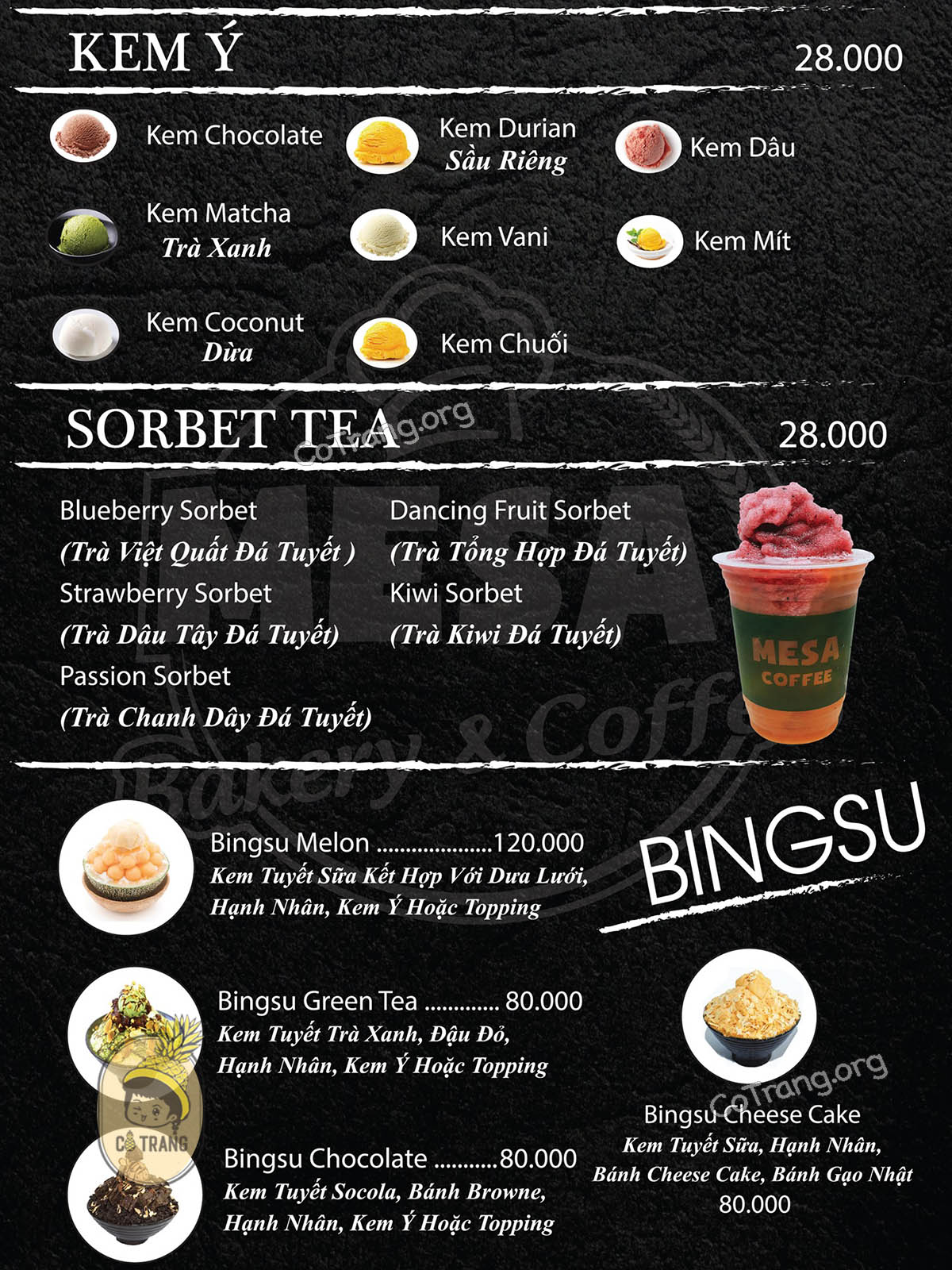 Menu thực đơn tại Mesa Bakery & Coffee Gia Lai