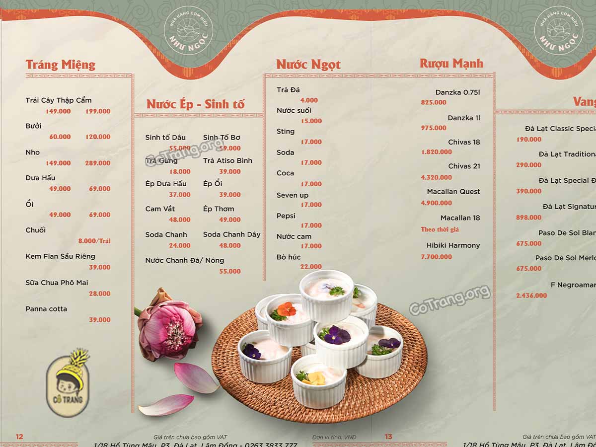 Menu tại Cơm Niêu Như Ngọc Đà Lạt
