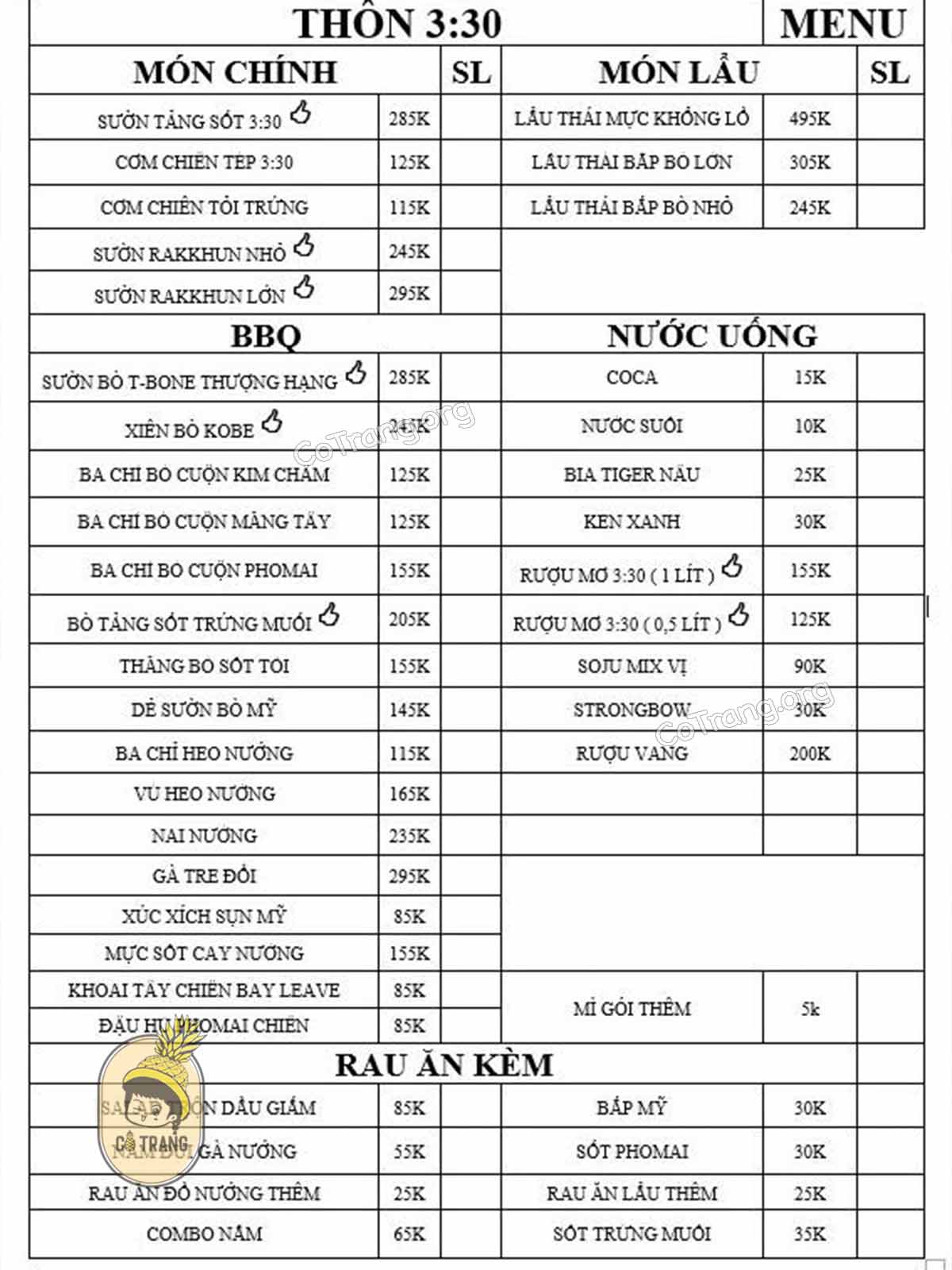 Menu thực đơn thực tế tại Thôn 330 Đà Lạt