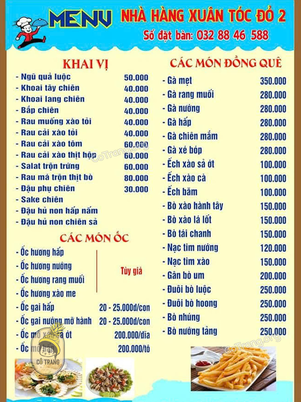 Menu thực đơn và món ăn thực tế tại Nhà hàng Xuân Tóc Đỏ 2 - Đồng Hới