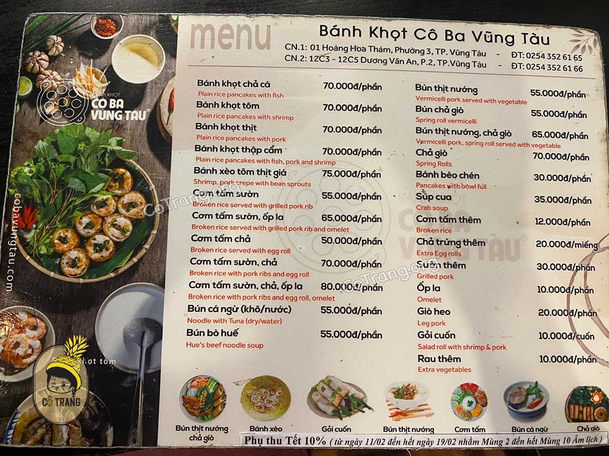 Menu thức ăn và đồ uống tại quán Bánh Khọt Cô Ba Vũng Tàu