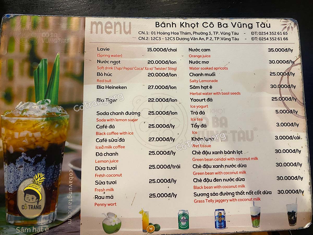 Menu thức ăn và đồ uống tại quán Bánh Khọt Cô Ba Vũng Tàu
