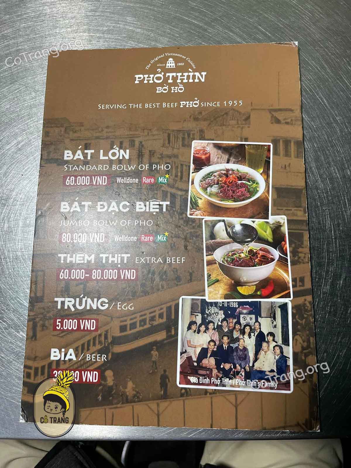 Không gian thưc tế và menu thức ăn tại Phở Thìn Bờ Hồ