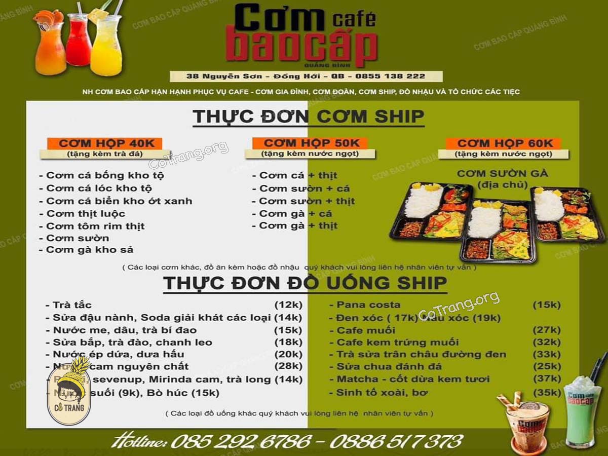 Menu thức ăn và không gian thực tế tại Cơm Bao Cấp Quảng Bình