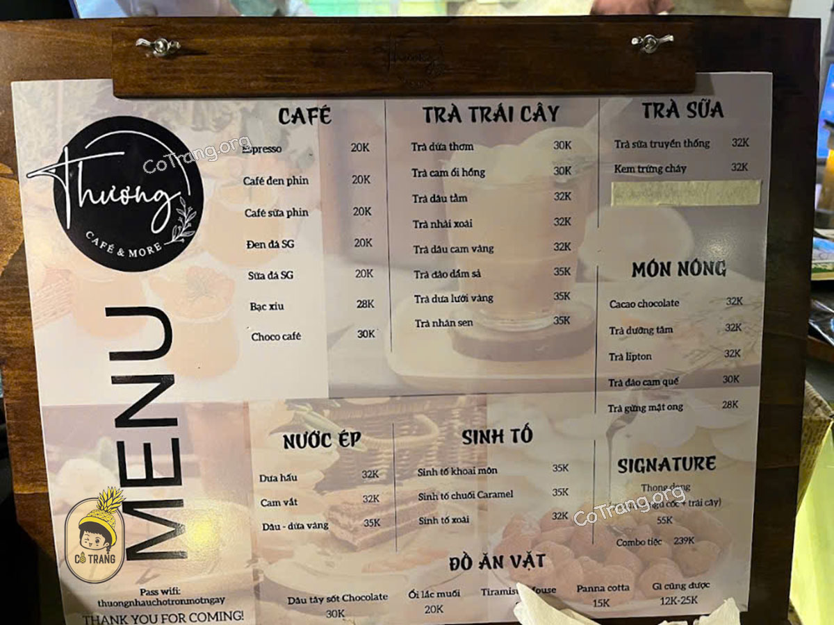 Menu đồ uống tại Thương Cafe Quảng Ngãi