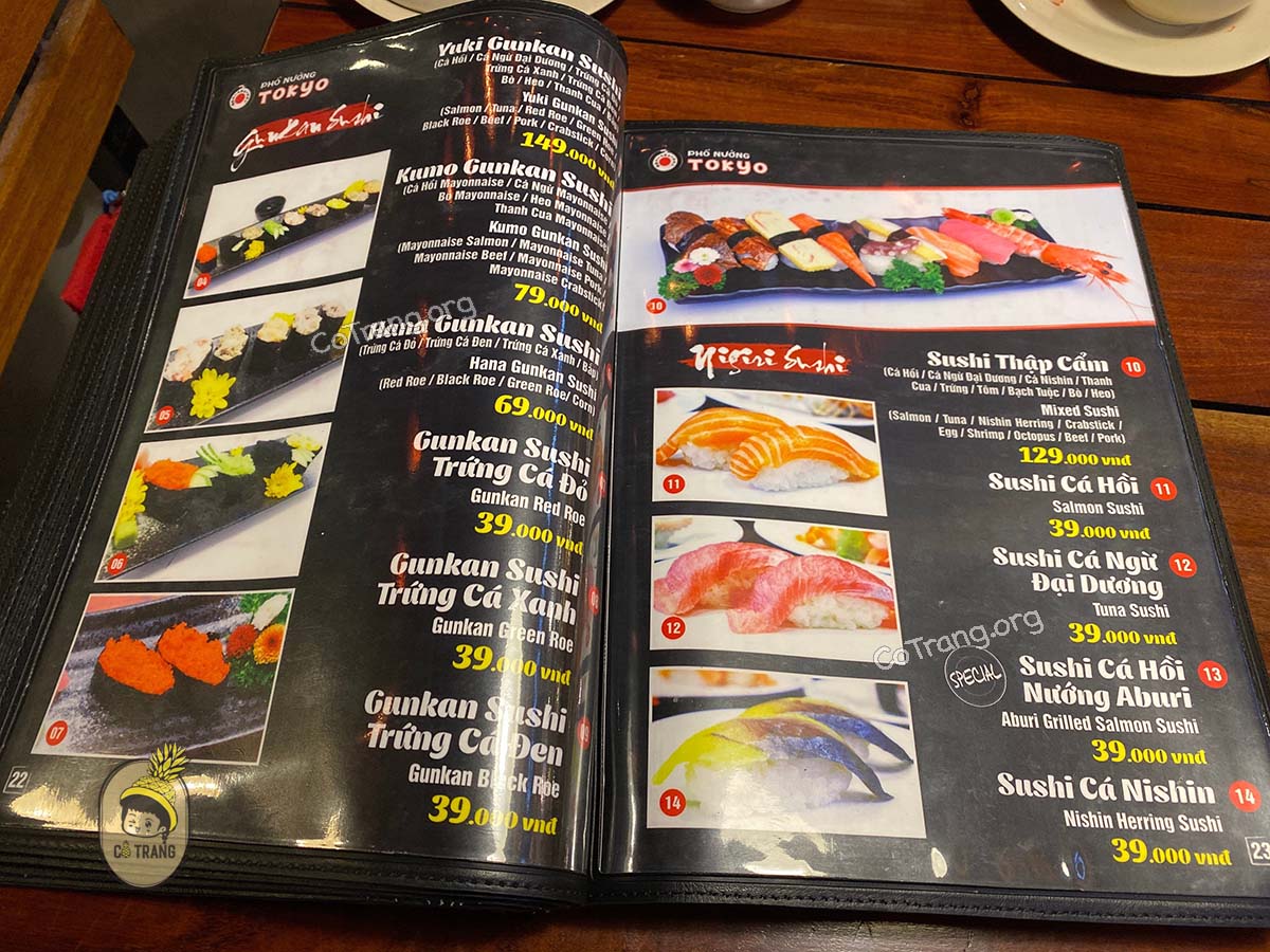 Menu thức ăn tại Phố nướng Tokyo Đà Nẵng