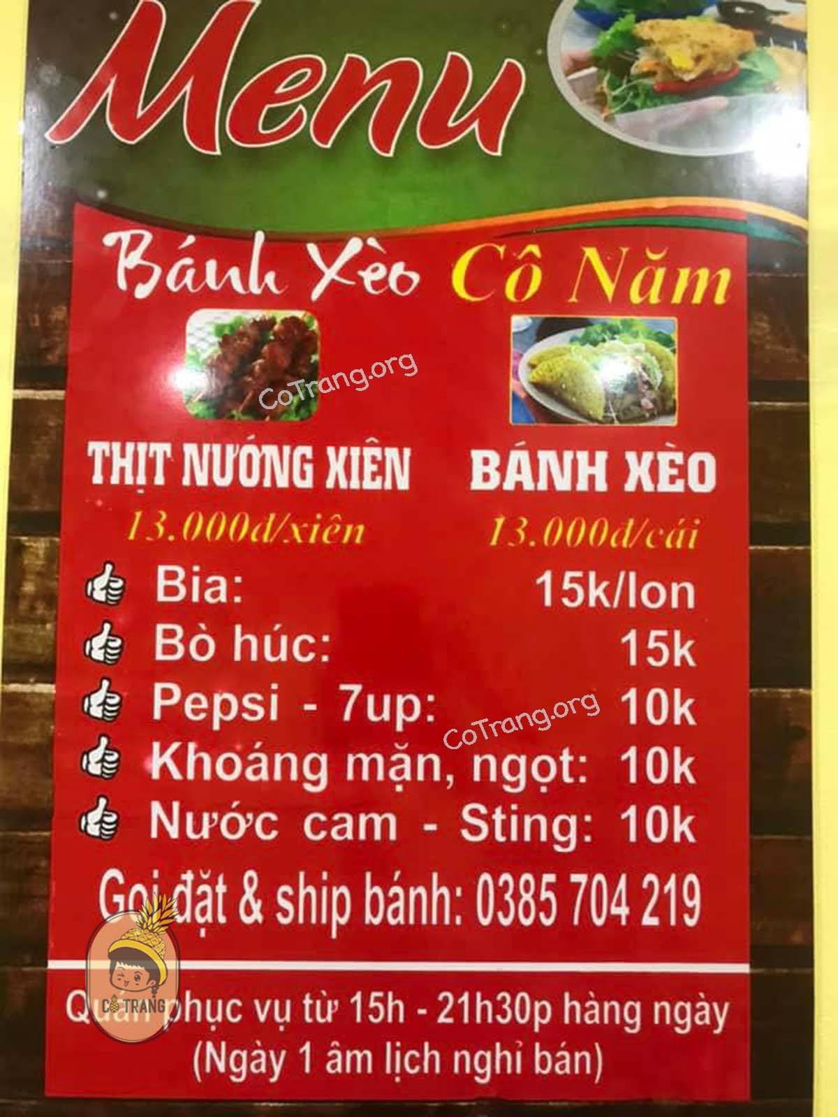 Menu thức ăn tại Bánh Xèo Cô Năm Đồng Hới