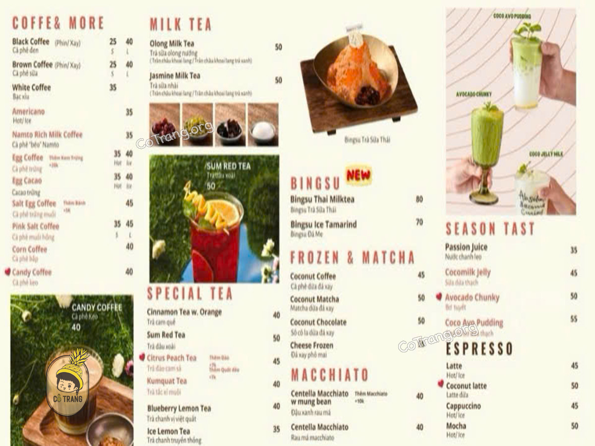 Menu thức uống tại Namto House Quảng Ngãi