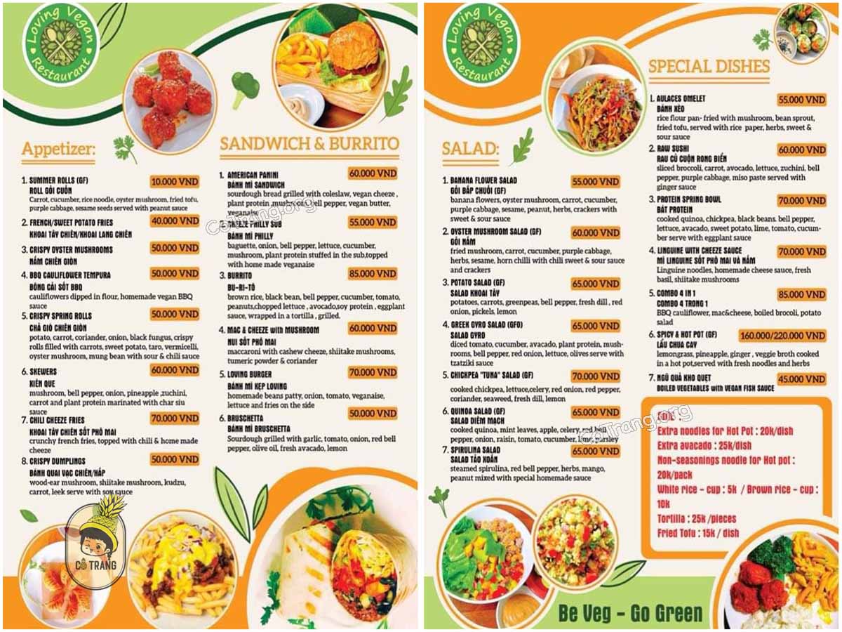 Menu thức ăn tại Loving Vegan Đà Nẵng