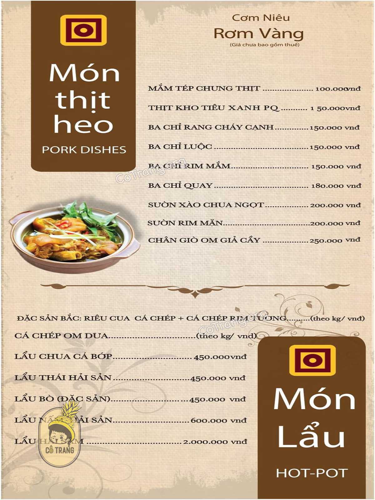 Menu thức ăn tại Rơm Vàng Phú Quốc 